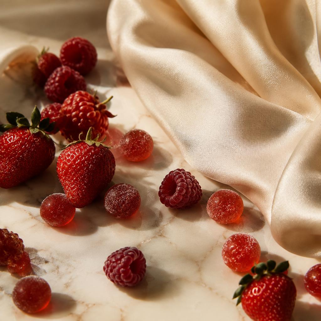 Fresh berries and glistening berry gummies scattered on marble beside soft cream silk